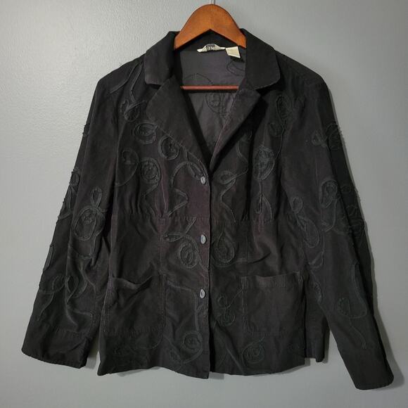 J JIll Blazer Size 10 Whimsigoth Embroidered Country Corduroy Black Dark Floral - Picture 1 of 12